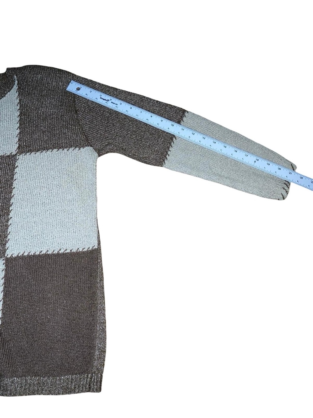 Vintage Teddi Patchwork Knit Crewneck Sweater Brown Grey Block Stitch Size M - Picture 7 of 9